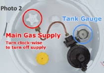Main Gas Supply, Tank Gauge. Turn clock-wise to turn off supply